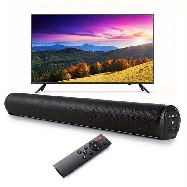 Clearance Sales! 22-inch sound bar for TV, a compact and stylish black speaker with Bluetooth, optical, and AUX connectivity. The sound bar is shown in front of a TV displaying a vibrant landscape, accompanied by a remote control. Ideal for enhancing audio in small to medium-sized spaces, it features 4 built-in full-range speakers for surround sound and multiple sound modes for movies, music, and news.