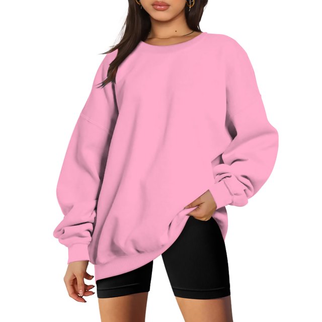 Hauts à Manches Longues pour l'Été Mode Femme Manches Longues Col Rond Chandail en Molleton Ample Blouse Unie