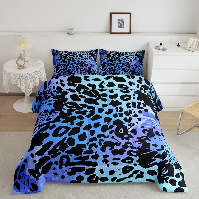 Erosebridal Blue Cheetah Print Bedding Queen Comforter Set, Modern Abstract Down Comforter, Leopard Room Decor, 3-Piece