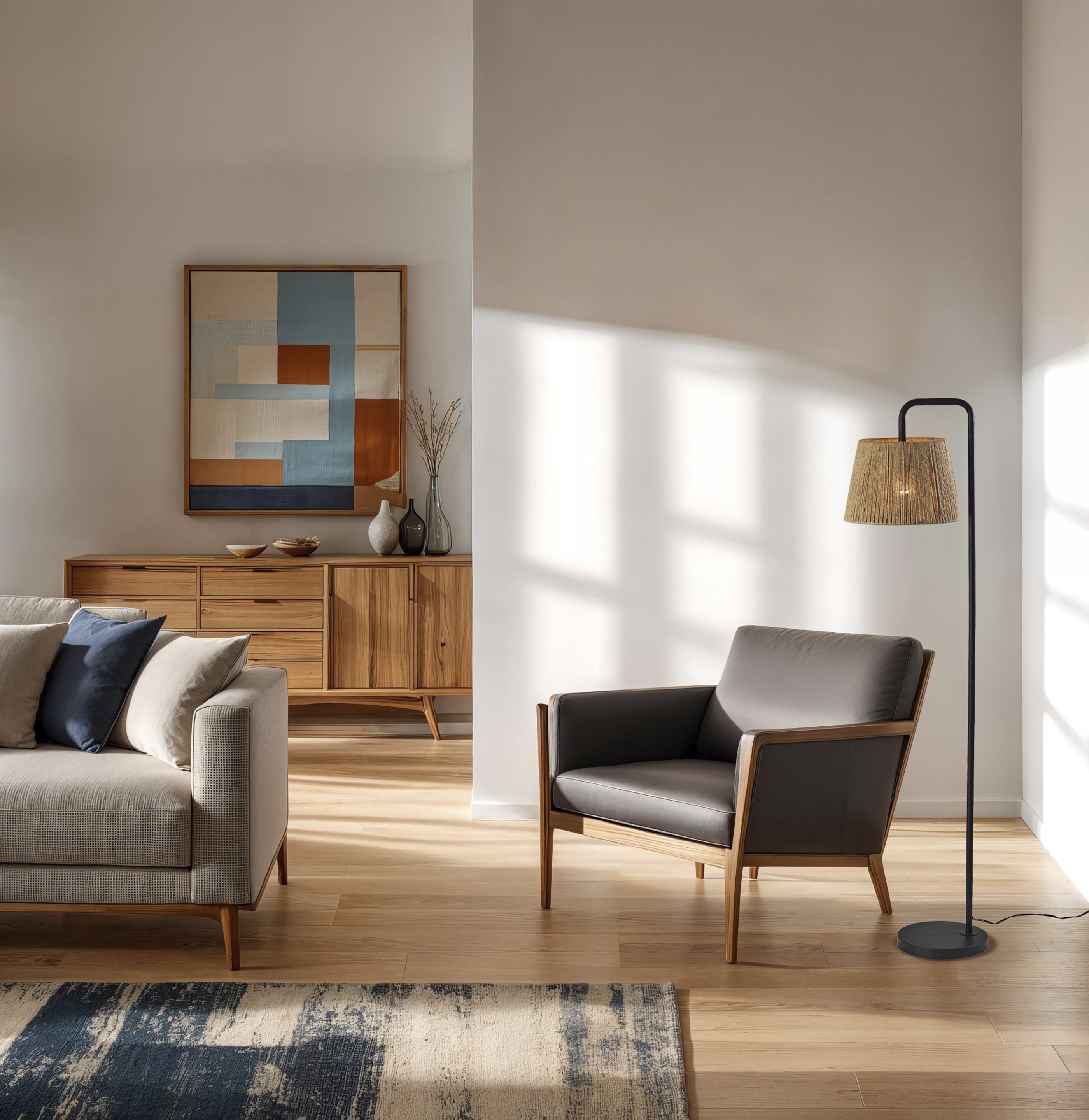 Lampadaire Mainstays en métal noir avec abat-jour en corde, style transitionnel, idéal pour les bureaux et les résidences étudiantes, neuf
