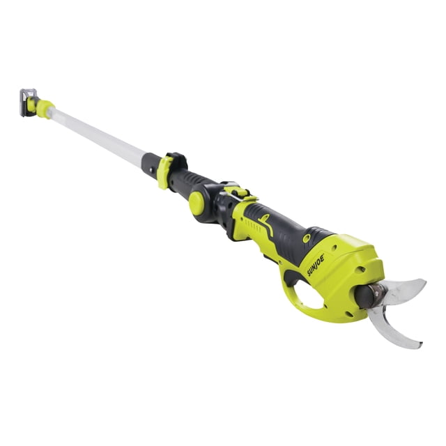 Sun Joe Sécateur Portatif Sans Fil 24 Volts IONMAX et Outil Élagueur à Longue Portée Orienté vers l'Avant Montrant la Tête Portative Sans Fil et le Perche Télescopique Allongée, Bloc-Piles Ergonomique Amovible 24 Volts IONMAX 2,0 Ah et Boîtier de Moteur 80 W, Lames de Contournement Homologuées pour des Coupes max de 1,02 Pouces (26 mm), Couvercle de Lame et Clé Hexagonale Visibles; Convient pour Tailler des Arbustes et Atteindre des branches Plus Hautes, Souvent Utilisé