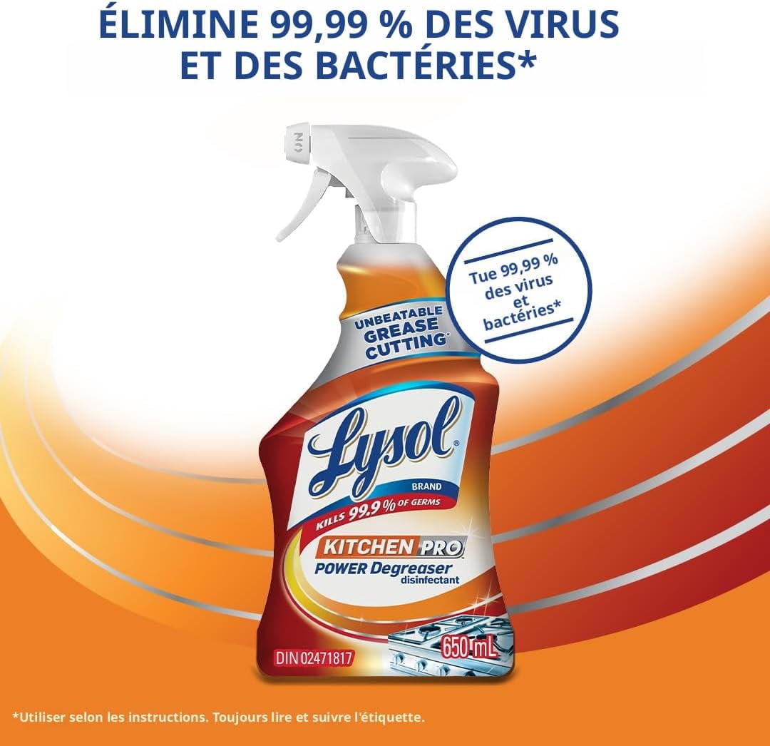 Nettoyant antibactérien de cuisine Lysol, dégraissant puissant Kitchen-Pro, dégraissage imbattable, 650 ml