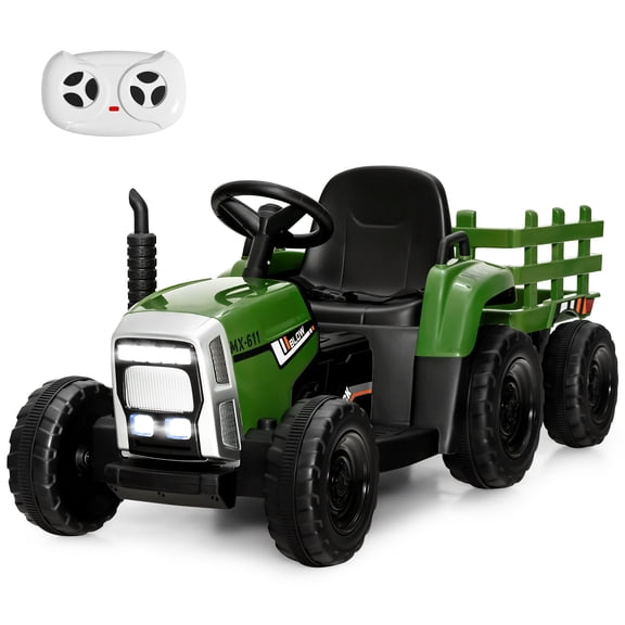 Costway Tracteur pour Enfants 12 V avec Remorque, Chargeur au Sol, Télécommande et Lumières, Vert Foncé