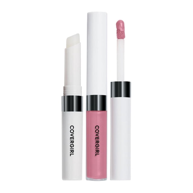 COVERGIRL Outlast All-Day Lip Color featuring a white moisturizing topcoat stick, a pink long-lasting lip color tube, and a white applicator wand with pink color on the tip, all with black accents and the COVERGIRL logo, emphasizing its transfer-resistant, moisturizing formula ideal for vibrant, all-day wear.