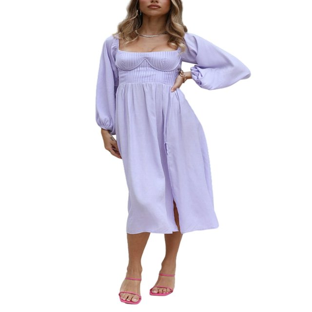 Flowy Midi Dress with Long Sleeves and Square Neckline for Women