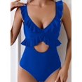 thumbnail image 4 of One Piece Swimsuit for Women Tummy Control Ruffle Bathing Suit V Neck Ruched Slimming Cutout Swimwear Royal Blue L, 4 of 6