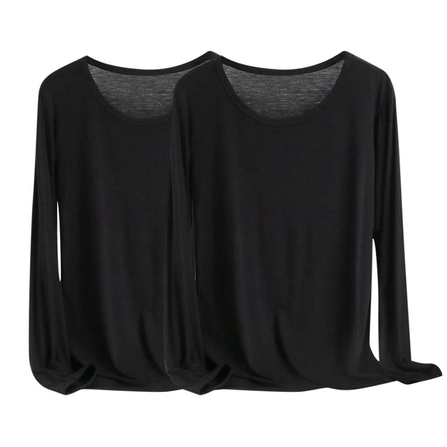 MeetoTime 2 Pcs Hauts à Manches Longues pour Femmes Col Rond Basique T-Shirt Doux Grande Taille T-Shirts Confortables X-6X