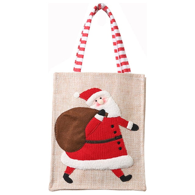 Christmas Gift Bags Linen Embroidery Santa Snowman Deer Design Red White Coffee Color 7.5 in x 5.9 in x 0.4 in Tote Bag for Small Gifts Candy Storage