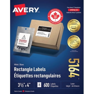 Avery Étiquettes rectangulaires blanches avec technologie Sure Feed, avec Technologie TrueBlock, pour imprimantes à laser ou jet d'encre, 3 ⅓ po x 4 po - 5164