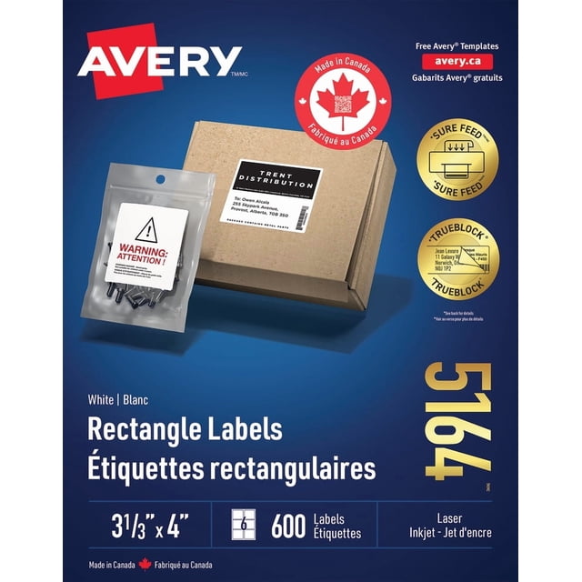 Avery White Rectangle Labels with Sure Feed Technology, 3 ⅓" x 4", pack of 600 labels for laser and inkjet printers, shown with a brown shipping box and a small sealed bag with a warning label, featuring TrueBlock technology to cover underlying text, made in Canada with bilingual English and French text on a blue background.