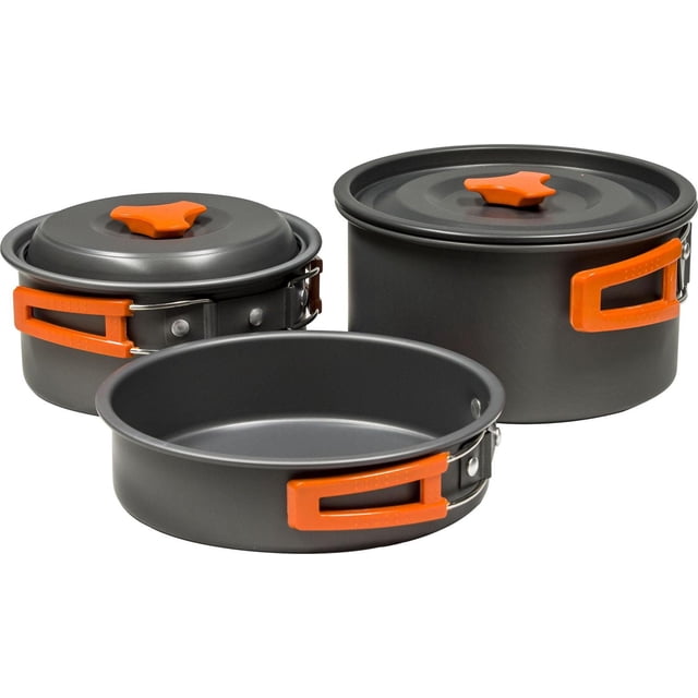 North 49 Scout Ensemble de Batterie de Cuisine 6 Pcs Comprend Trois Casseroles en Aluminium Légères avec Couvercles et Poignées Pliables orange Vif, Conçu pour s'Empiler et s'Empiler de Façon Compacte pour un transport Facile, Idéal pour le camping et la Cuisson en Plein Air.