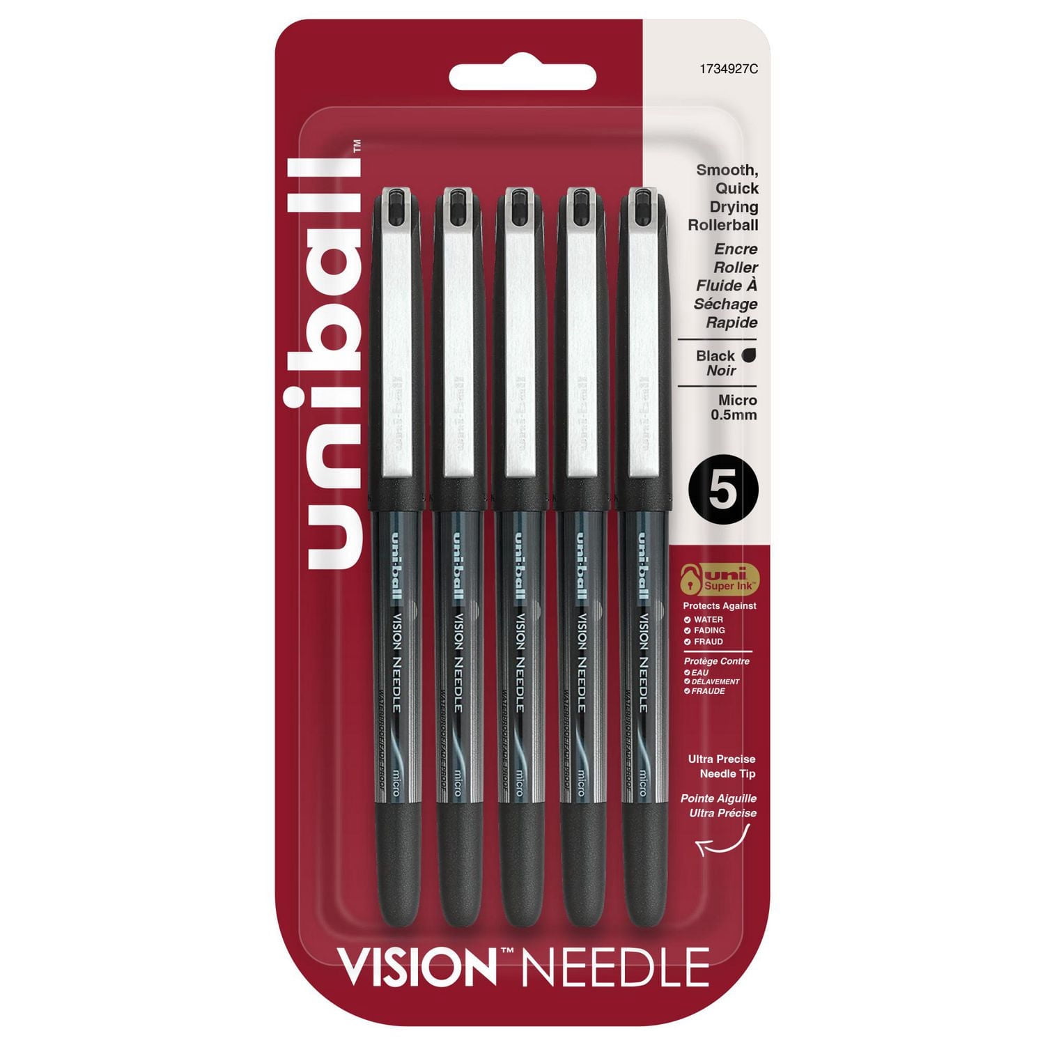 uniball™ Vision Needle Rollerball Pens, Micro Point (0.5mm), Black, 5 Pack