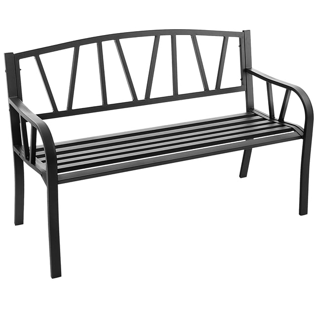 Costway Outdoor Patio Garden Bench with a sturdy black metal frame, ergonomic armrests, and slatted seat design. The bench measures 50 inches in length and accommodates up to 660 lbs, suitable for two people. Features a curved backrest and 105° ergonomic angle for comfort, ideal for patio seating, porches, gardens, or backyards.