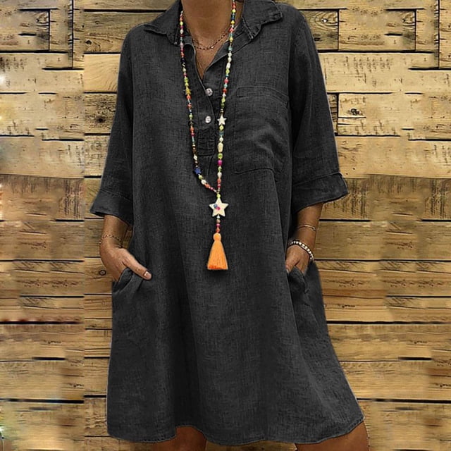 Jolies Robes d'Été Mode Femmes Ample Col en V Uni Manches 3/4 Robe en Coton et Lin Manches Longues Robe d'Invitée de Mariage en Liquidation