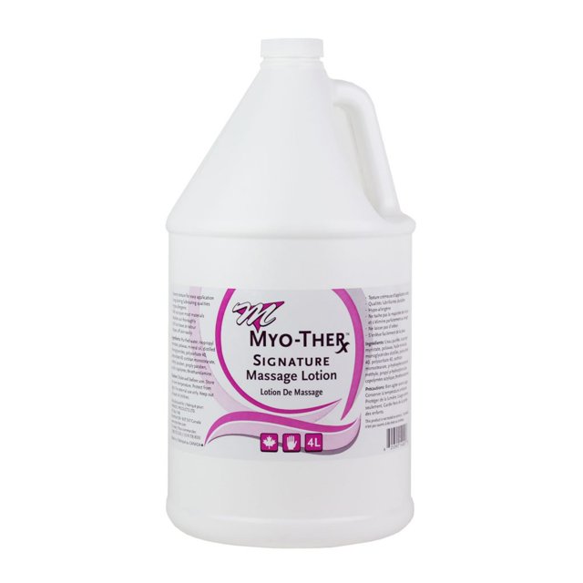 Myo-Ther Signature Lotion de Massage Hypoallergénique dans un Contenant de 4 Litres. la Bouteille Blanche Présente une Étiquette Violette et Blanche avec des Détails sur le Produit, Y Compris des Propriétés Hypoallergéniques et une Convenance pour Peau Sensible. Idéale pour les Accessoires de Massage, Elle Offre une Lubrification Longue Durée et Est Facilement Lavable, Ce Qui la Rend Adaptée aux Professionnels de la Santé.