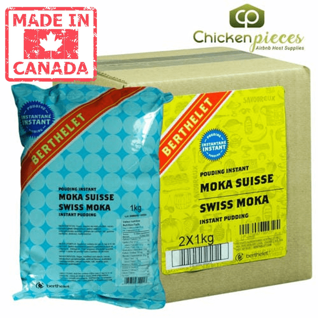 Berthelet Pudding Mix Instant Mocha Swiss 1kg/2.20Lbs (2/Case), showcasing a creamy, ready-to-mix dessert with rich chocolate and coffee flavors. The image displays a blue 1kg bag of pudding mix with the Berthelet branding and a cardboard case marked '2x1kg.' Made in Canada, this mix is perfect for foodservice establishments like schools and restaurants.