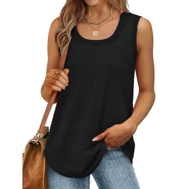 Meichang Womens Scoop Neck Tank Tops Sleeveless Summer Casual Loose Fit Blouses Solid Color Casual T Shirts Lightweight Flowy Tank Tops for Women, Black M