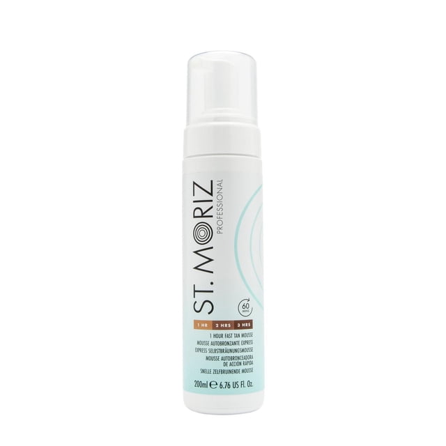 St. Moriz Mousse Autobronzante pour Bronzage Rapide en Bouteille Blanche de 200 ml avec Bouchon Transparent, Texte Noir et Bleu Pâle, Formule à Action Rapide Développant un Bronzage Naturel en 1 à 3 Heures, Hydratante avec aloe vera et Extrait de Thé Vert pour un Bronzage Sans Soleil Longue Durée.