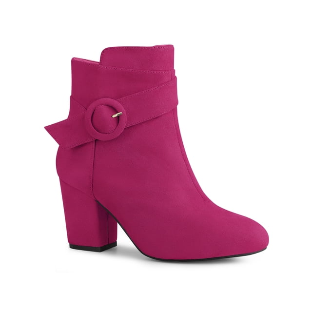 Unique Bargains Bottes à Talon Bloc à Bout Rond pour Femmes Bottines Cheville Rose Vif (Taille 10)