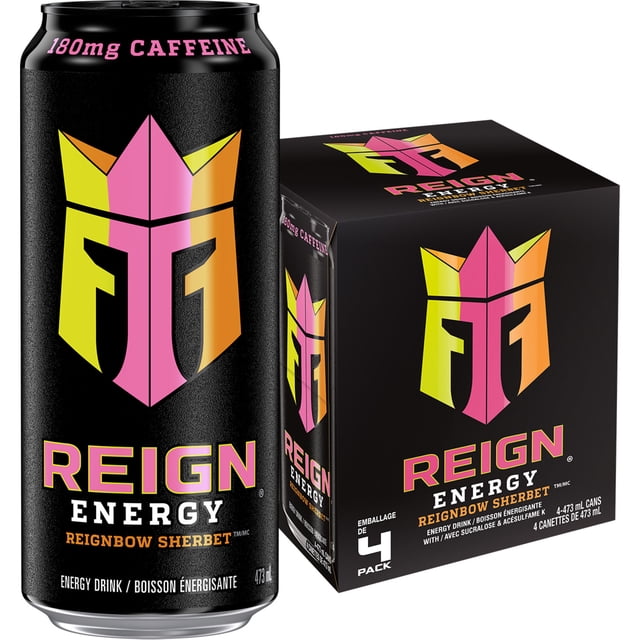 Reign Energy Reignbow Sherbet Cans, 473 mL, 4 Pack with black cans featuring a yellow, pink, and orange FG crown logo, containing 180 mg natural caffeine, BCAAs, CoQ10, and electrolytes, zero sugar energy drink ideal for active lifestyles and fitness support.