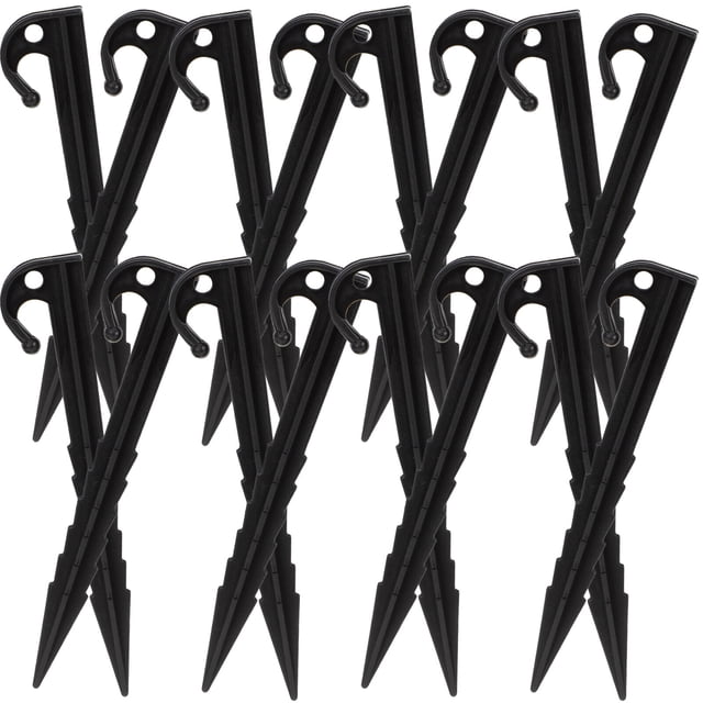 25pcs durable inflatable tent pegs made of high-strength black plastic, featuring a hook design for secure fixing. These lightweight and reusable tent stakes measure 14.5 x 3 x 1.2 cm and are suitable for use on beach, mud, or grass surfaces. Ideal for camping and outdoor activities.
