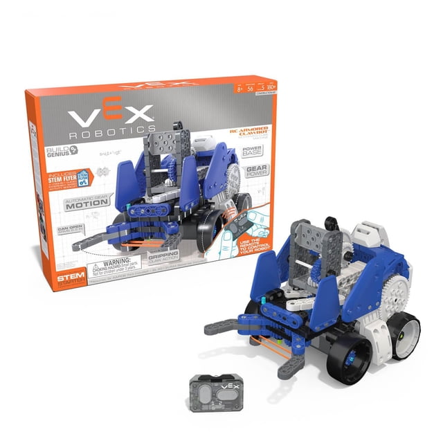 VEX Robotics RC Blindé Griffe robot Motorisé STEM avec Pièces en Plastique Bleues et Grises, Pneus Arrière en Caoutchouc Noirs, Direction Différentielle, et une Griffe avant pour Saisir des Objets, Montré avec Sa Télécommande IR et Boîte d'Emballage.