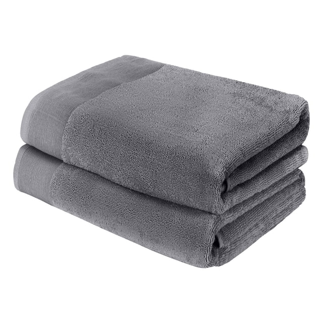 Camelot 2 Piece 600 GSM Zero Twist Cotton Bath Towel Set in grey, showing two folded towels with ribbed borders made from zero twist cotton loops for superior absorbency, softness, and durability, suitable for bathroom, pool, or lightweight beach use.