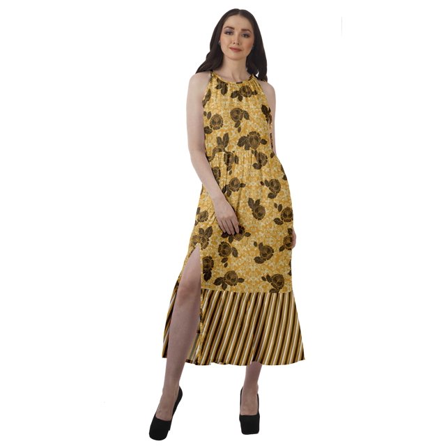 Moomaya Robe Maxi Sans Manches à Col Licou Imprimée avec Fente avant Robe d'Été pour Femme