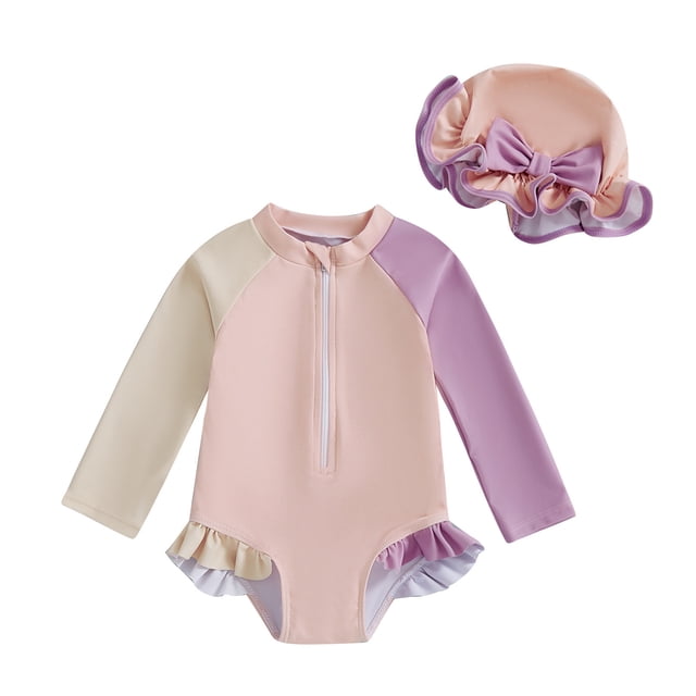 Girls Long Sleeve Hooded Color Block Swimsuit for Kids Soft Stretch Rash Guard Bathing Suit for Summer