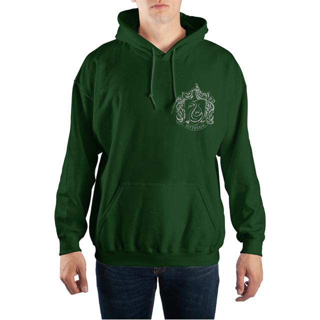 Harry Potter Hogwarts Slytherin Crest Green Hoodie Sweater featuring a front-facing view of a dark green, gender-neutral hoodie with the Slytherin house crest printed on the left chest. Made from a cotton and polyester blend, this officially licensed Bioworld hoodie offers comfort and breathability. Includes a front kangaroo pocket and adjustable drawstring hood.
