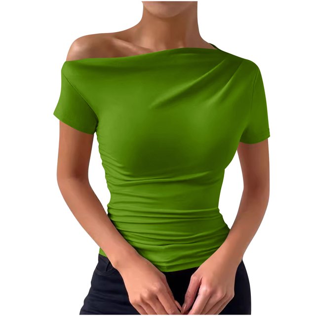 Plebaso Women's One Shoulder Tops Short/Long Sleeve Slim Shirts Ruched Going out Tees Shirts for Women