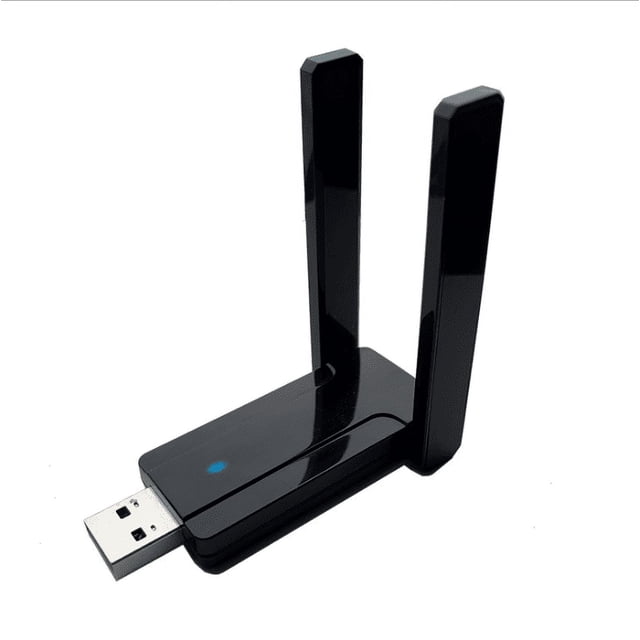 1300Mbps Wireless USB WiFi Adapter for PC with dual-band 2.4GHz and 5GHz connectivity. Features include two high-gain omnidirectional antennas for improved signal strength, USB 3.0 for faster data transfer, and compatibility with Windows XP, Vista, 7, 8, and 10. The black adapter offers plug-and-play functionality for easy setup.