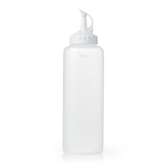 OXO Softworks Squeeze Bottle in translucent white BPA-free plastic with an attached flip-top cap that stays open for precise one-handed pouring, featuring measurement markings and a screw-on collar for easy cleaning, ideal for dispensing oils, condiments, and syrups in kitchen food storage.