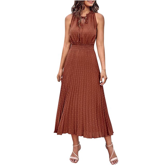 Robes d'Été Sans Manches pour Femmes Col Rond Décontracté Sans Manches Taille Froncée Robes Amincissantes avec Ceinture Ceintures de Mode pour Femmes Robes