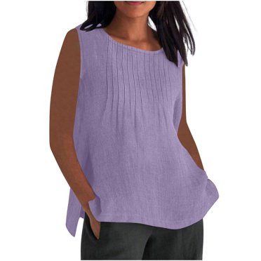 Summer Savings Clearance!yoeyez Womens Tops Women Fashion Pleated Linen Tee Tops Sleeveless Side Split Plain Beach Casual Flowy Tanks Purple,S
