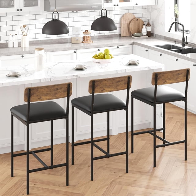 Kojooin Bar Stools Set of 2, Kitchen Bar Stools with Footrest, 25.5 Inches Upholstered Bar Chairs with Back, Counter Height Barstools for Counter Bar, Island, Easy Assembly, Rustic Brown