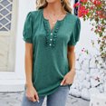 thumbnail image 4 of fheaev Hauts d'Été pour Femmes 2025 Vacances Sorties Hauts Mode Décontracté T-Shirt Blouse Uni à Manches Courtes Col Rond Plissé à Boutons pour Femme, 4 of 6