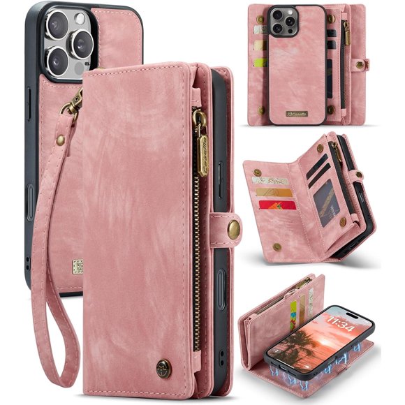 Wallet Case for iPhone 16 Pro Max, Zipper Purse Folio Leather Wallet with Card Holder Wrist Strap Detachable Magnetic Shockproof Protective Back Case for iPhone 16 Pro Max 6.9 inch