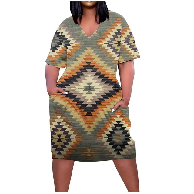 Birdeem Robe Grande Taille pour Femmes Col en V Été Décontractée Robes d'Été Poche Genou Manches Courtes avec Poches