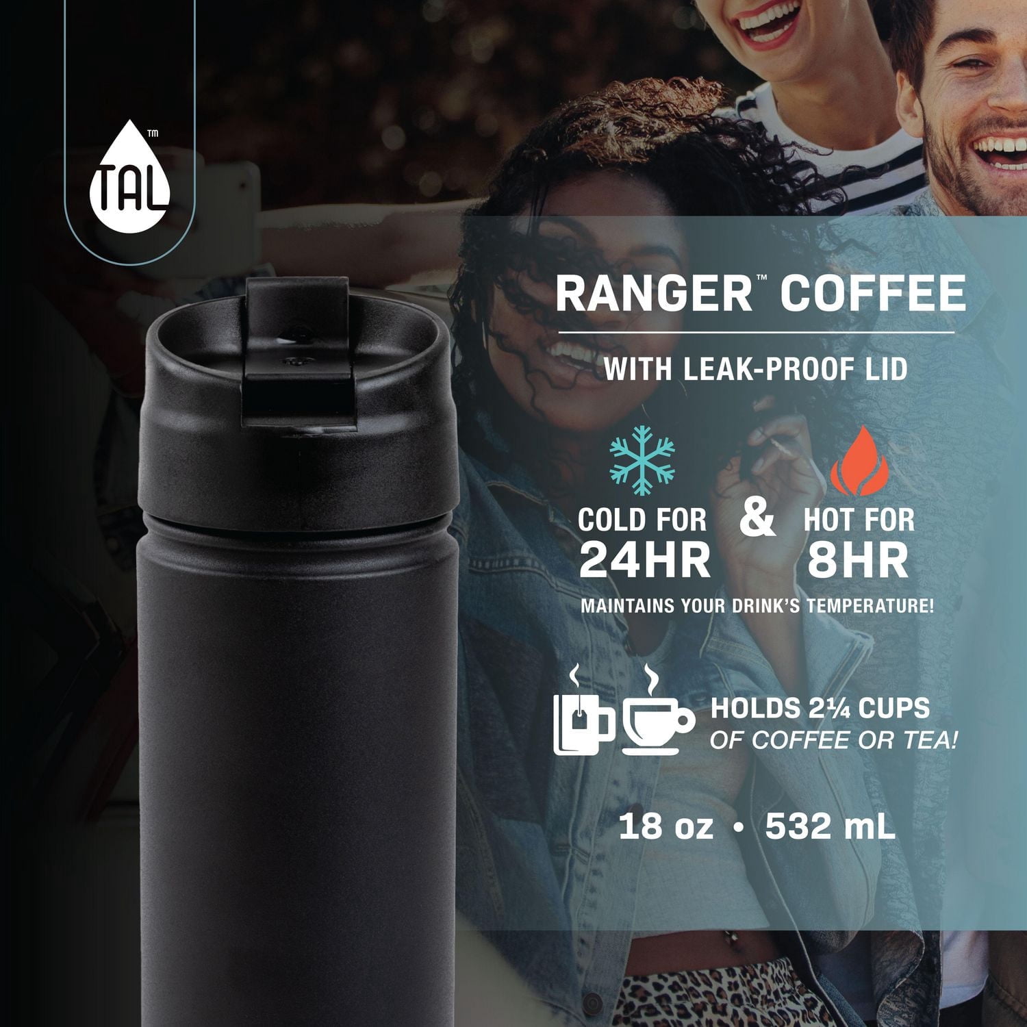 TAL Tasse à café alpiniste en acier inoxydable 20 fl oz, noir