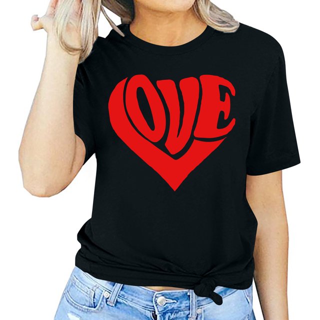 Meichang T-Shirt de la Saint-Valentin pour Femmes Mignons Cœurs Graphiques Hauts Mignons T-Shirts de Vacances Manches Courtes Col Rond Mode 2025