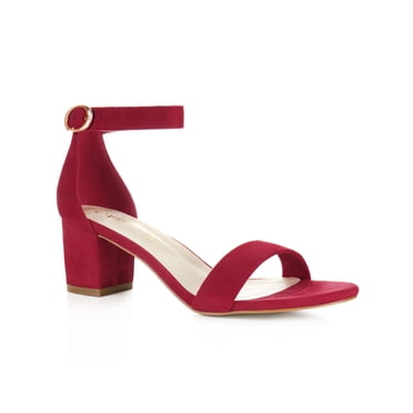 BLISSFUL STEP Sandales pour Femmes à Bout Ouvert à Talon Bloc Moyen avec Bride à la Cheville en Faux Suède Rouge Foncé 5