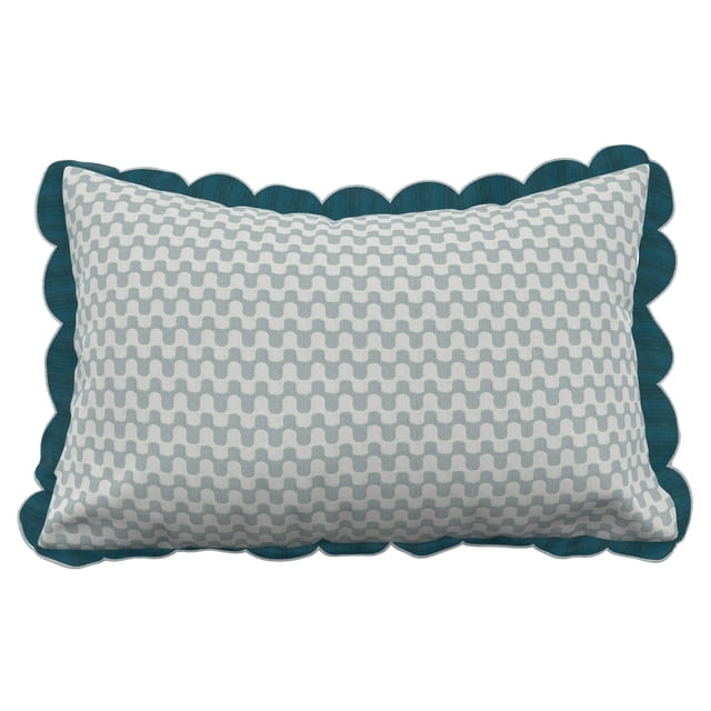 HOMETRENDS 20" x 12" Wave Outdoor Lumbar Toss Cushion, Fade Resistant, rectangular lumbar pillow with white and light gray wave pattern front and teal scalloped edge, made from fade- and water-resistant recycled polyester, suitable for outdoor patio seating with reversible design for style flexibility.