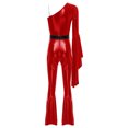 thumbnail image 4 of Raenseen Womens Metallic Shiny Flare Sleeve Bodysuit Hippie Bell Bottom Jazz Dance Rave Party Red M, 4 of 6