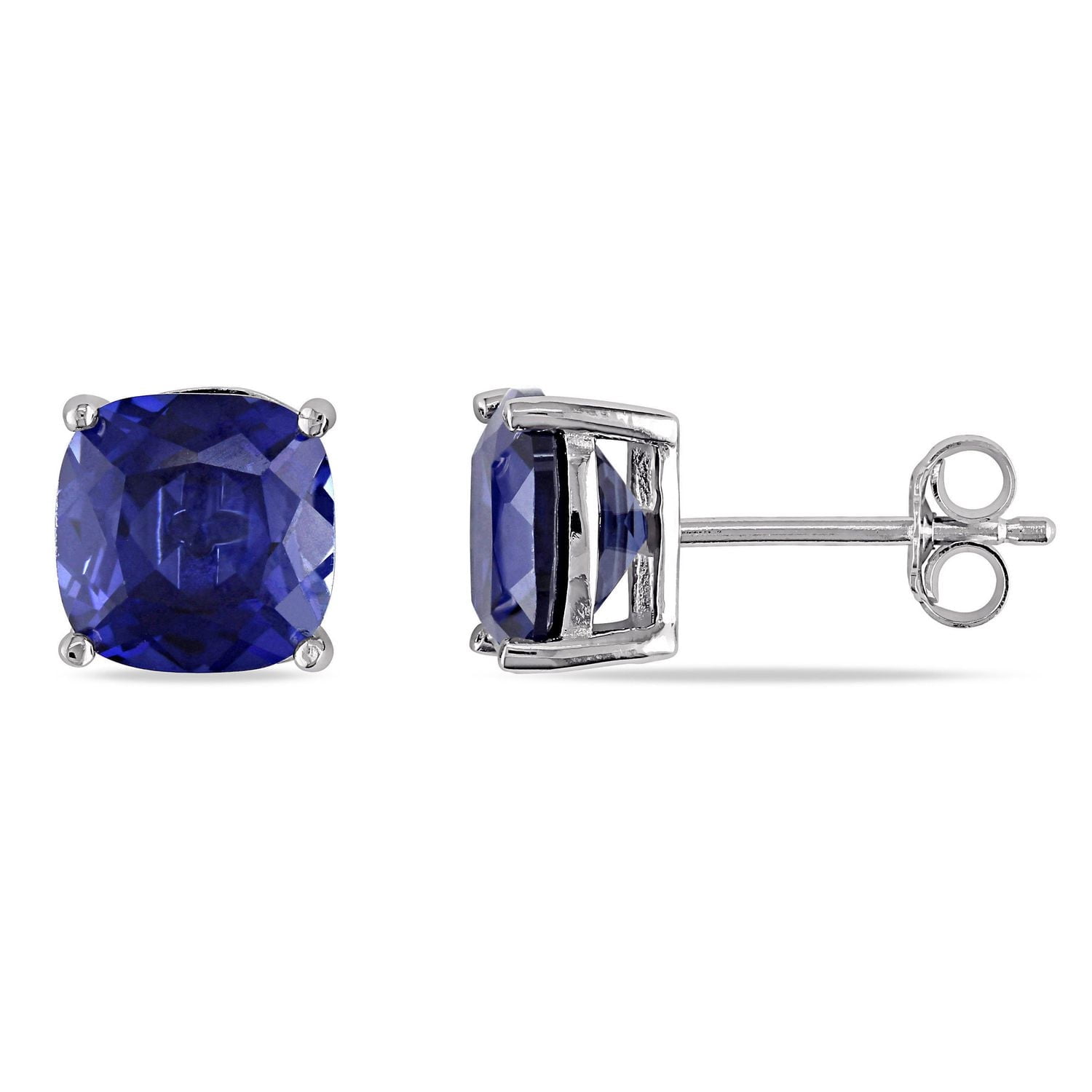 Boucles d'oreille solitaires Tangelo avec saphirs bleus synthétiques de coupe coussin 6 CT PBT en argent sterling
