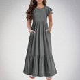thumbnail image 2 of Huvoen Robe d'Été pour Filles Mode Filles Été Nouvelle Manches Courtes Col Rond Robe de Couleur Unie Gris 8 Ans, 2 of 6