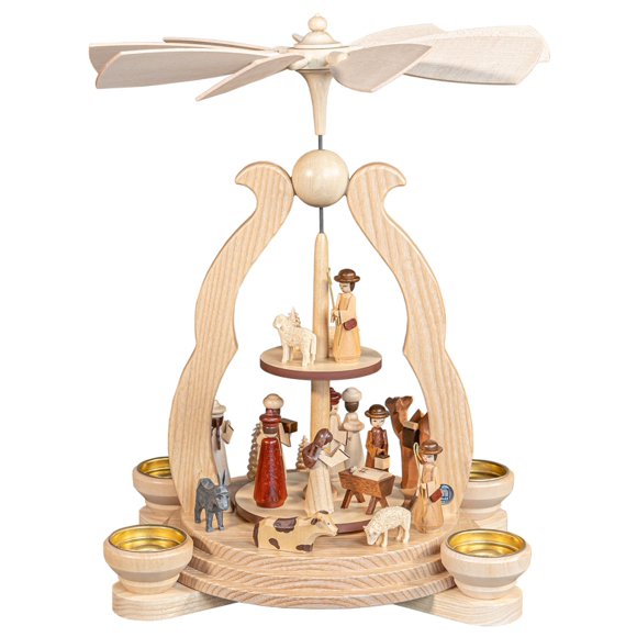 Müller Seiffen Arche Pyramide de Noël Histoire de Noël, 2 Plateformes, 1 Niveau, Hauteur 34 cm / 13 Pouces, Naturel avec Bougies Chauffe-Plat, Erzgebirge original