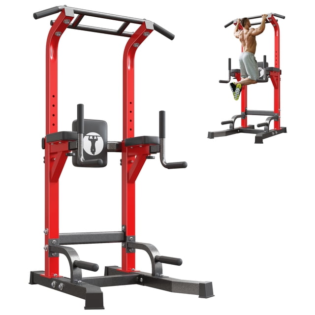 Soges Power Tower Dip Station Pull Up Bar Workout Multi-Function Adjustable Height Strength Training Equipment for Home Gym, Red