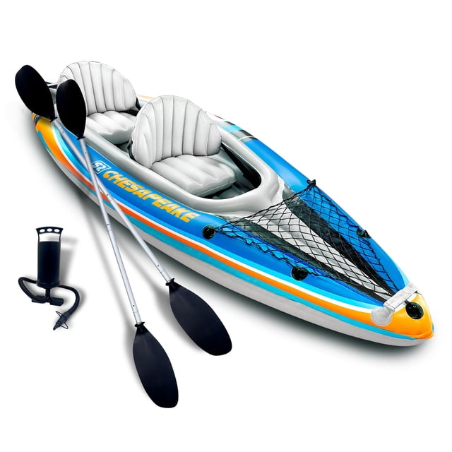 Sunlite Sports 2-Person Inflatable Kayak with Aluminum Oars, designed for lakes and rivers, featuring a vibrant blue and orange design, cushioned adjustable seats, a mesh storage area, and a UPF 50 sunshade canopy. Includes two aluminum paddles, a high-output air pump, and a storage bag for easy transport.
