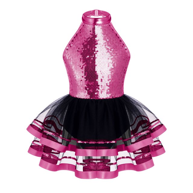 inhzoy Robe de Danse Ballet en Tulle à Sequins pour Filles, Performance Jazz Latine, Rose 8